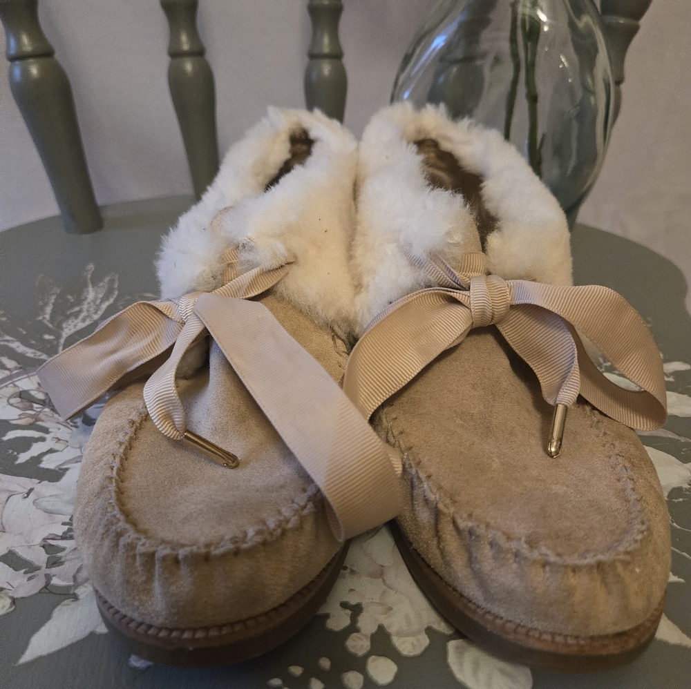 Tan and Cream Moccasin Slippers with Plush Lining